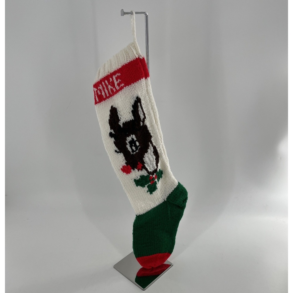 Vintage Hand Knit Christmas Stocking Rudolph Red-Nose Reindeer Green White READ - Picture 9 of 9
